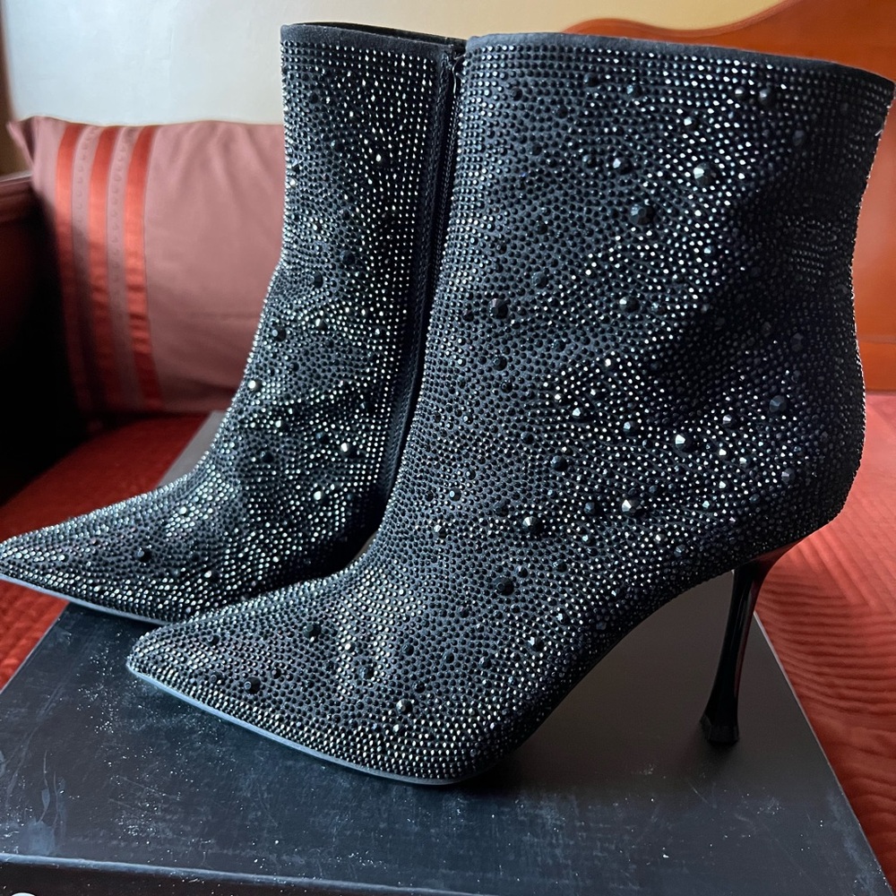 INC International Concepts Black Heeled Boots with Embellishments
